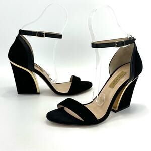 DEE KELLER BLACK SUEDE LEATHER W/GOLD ACCENT OPEN TOE CHUNKY HIGH HEEL SANDAL🆕